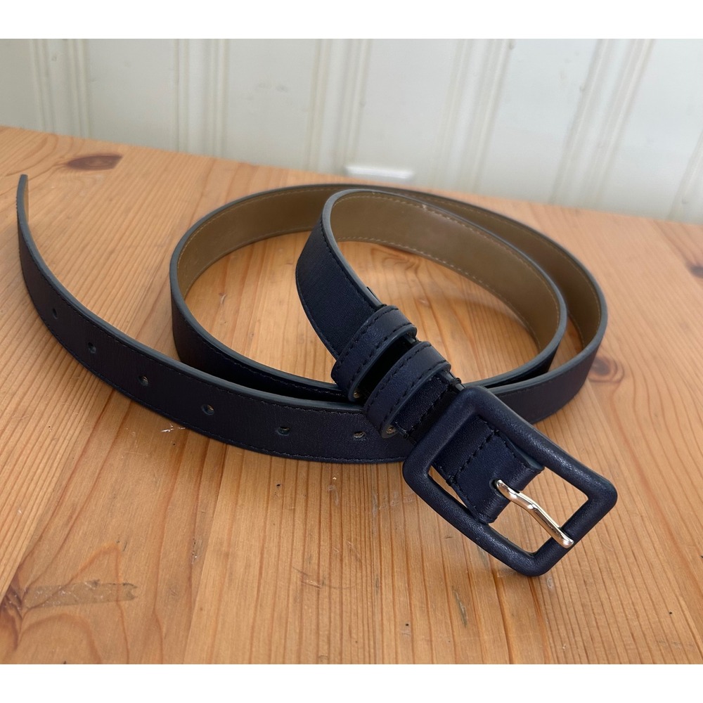 Talbots Womens Navy Blue Leather Belt Size XL Quiet Luxury Square Buckle Silver